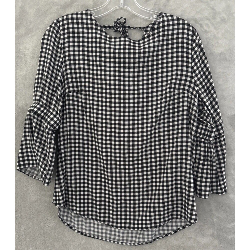 Women’s Black White Checkered 3/4 Sleeve Flutter Top Size M